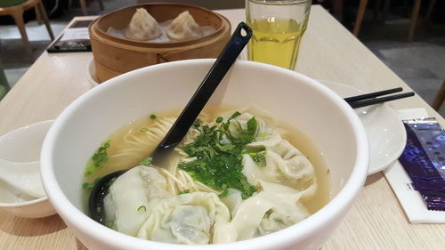 Close-up of soup in bowl on table