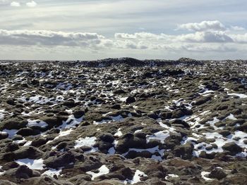 Landscape of lava fields cover ed by moss and snow capped