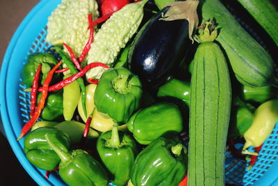 High angle view of chili peppers in bowl