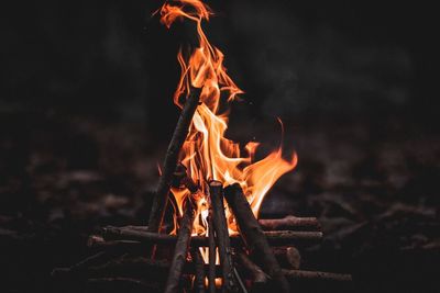 Close-up of bonfire on field at night