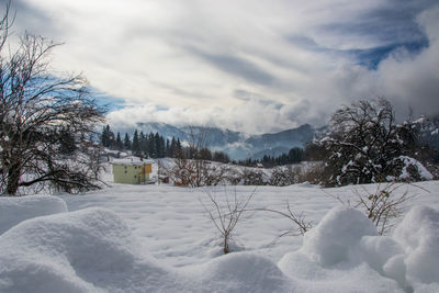 Snow covered field against sky