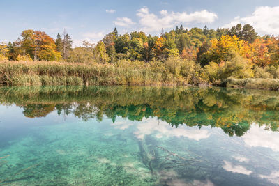 Scenic view of lake against sky during autumn