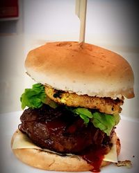 Close-up of burger in plate