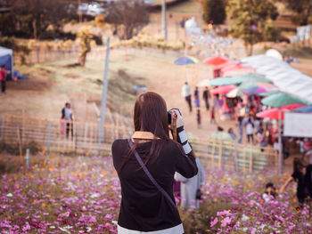 Rear view of woman photographing with camera in flower field