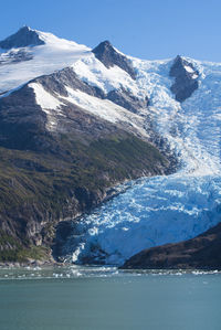 Scenic view of snowcapped mountains by sea against sky