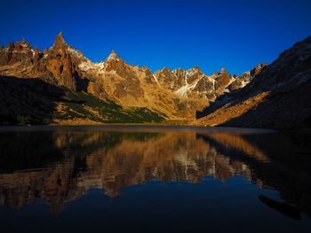 Scenic view of lake and mountains against clear blue sky