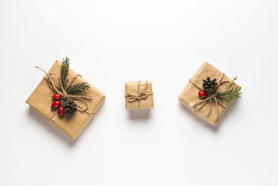 High angle view of christmas decorations on white background