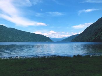Scenic view of lake against cloudy sky