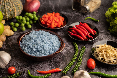 High angle view of fruits in bowl on table