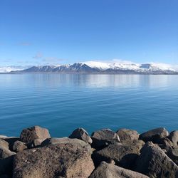 Scenic view of sea against blue sky