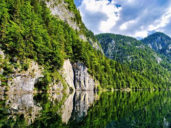 Scenic view of lake and mountains against sky