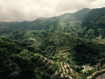 High angle view of agricultural landscape against sky