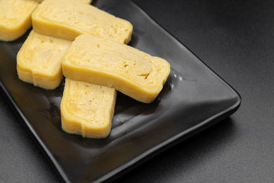 High angle view of bread in plate on table