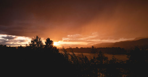 Silhouette trees on landscape against sky during sunset