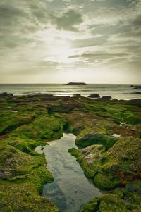 Scenic view of calm sea against cloudy sky