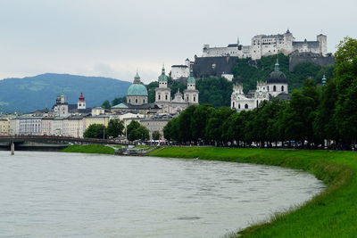 View of buildings by river against sky