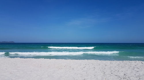 Scenic view of beach against clear blue sky