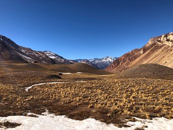 Scenic view of mountains against clear blue sky