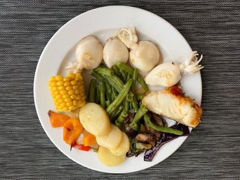 High angle view of food in plate on table