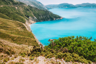 High angle view of sea and mountains