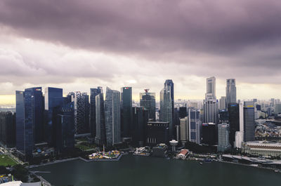 Aerial view of buildings in city against sky