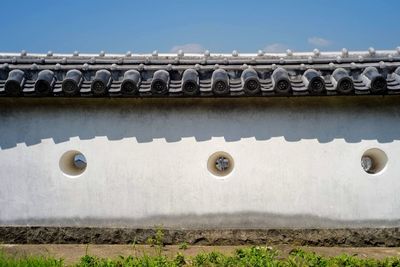 Low angle view of building roof and wall against sky asian japanese traditional