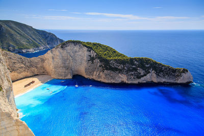 A picturesque bay with a shipwreck on the island of zakynthos in greece.