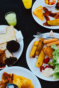 High angle view of food served on table