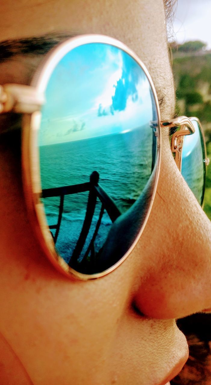 CLOSE-UP OF WOMAN WITH SUNGLASSES ON MIRROR