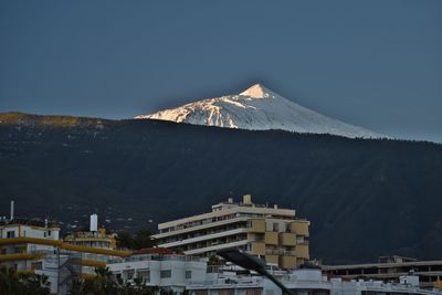 Buildings in city against clear sky