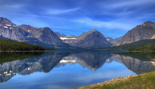 Reflection of rocky mountains on st mary lake against blue sky during winter