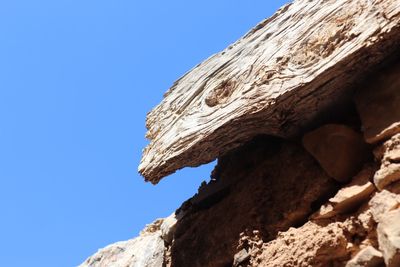 Low angle view of rock formation against clear blue sky