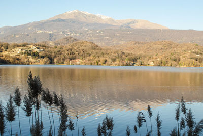 Scenic view of lake and mountains against sky