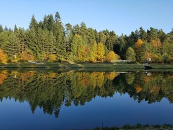 Reflection of trees in lake against sky during autumn