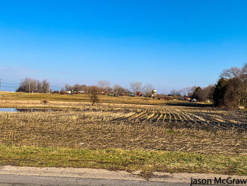 Scenic view of agricultural field against clear blue sky