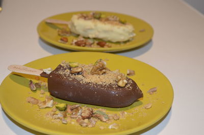 High angle view of dessert in plate on table