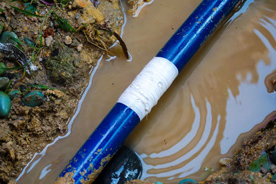 High angle view of blue pipe