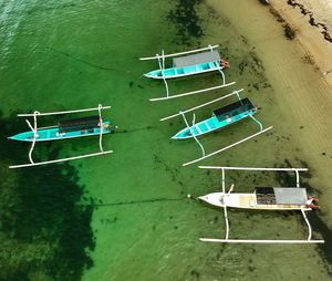 High angle view of boats moored on sea