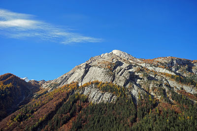 Low angle view of mountain against clear blue sky