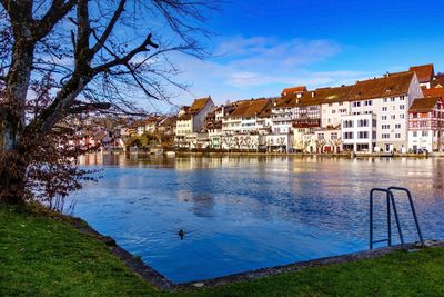 Scenic view of river by city against blue sky