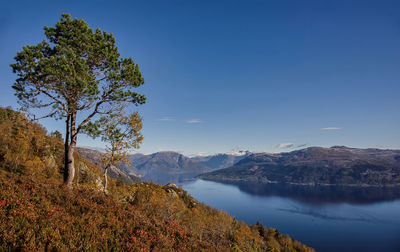 Scenic view of lake and mountains against blue sky