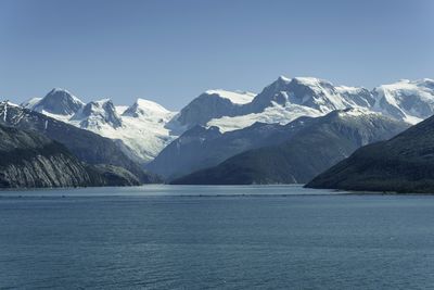 Scenic view of snowcapped mountains by sea against sky