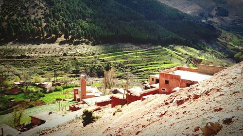 High angle view of houses and mountains