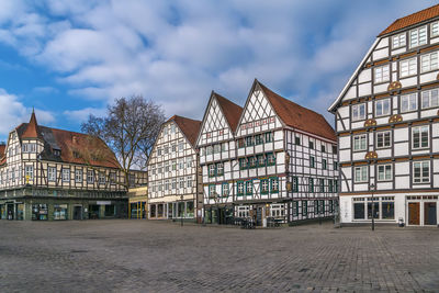 Market square with decorative half-timbered houses in soest, germany