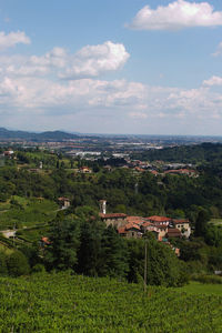 High angle view of buildings against sky