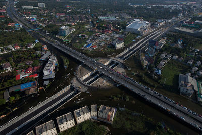 High angle view of road amidst buildings in city