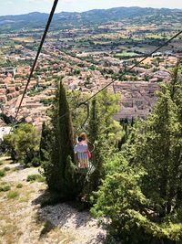 Trees and plants growing on landscape against mountain