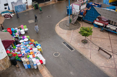 High angle view of people on street