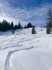 Snow covered landscape against sky