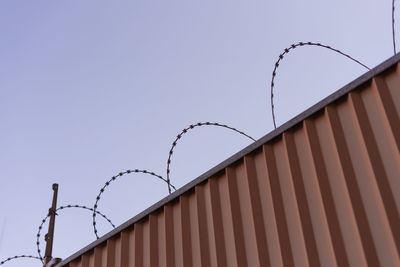 Low angle view of barbed wire against clear sky